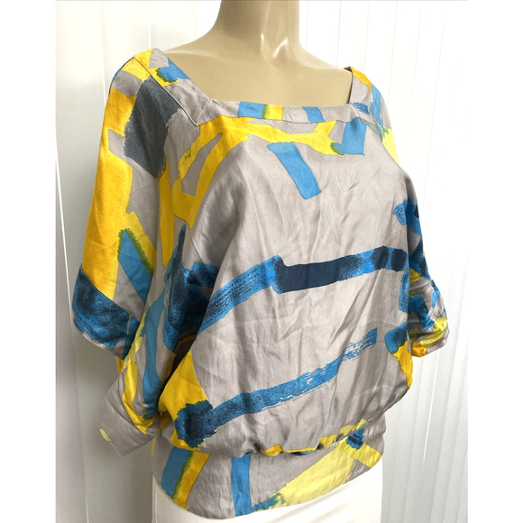 See By Chloe Short Dolman Sleeve Blouse Top Silk Abstract Print Square Neck 10 M - Picture 3 of 9
